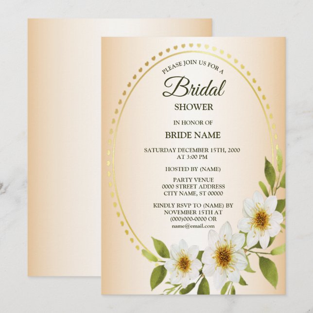 Invitation Cadre doré floral blanc douche de mariage pêche (Devant / Derrière)