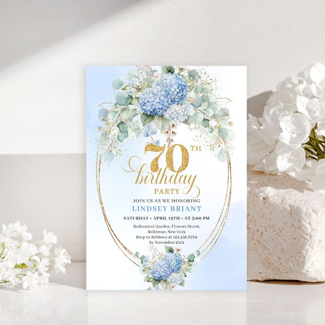 Invitation Cadre doré floral bleu boho radiant pour 70e anniv (Radiant Blue Floral Gold Frame 70th Birthday Invite

)