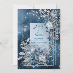 Invitation Cadre doré floral bleu céleste hivernal luxueux