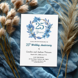 Invitation Cadre doré floral bleu pour les 25 ans de mariage
