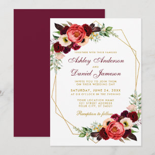 Invitation Cadre doré floral boho burgundy pour mariage B