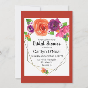 Invitation Cadre doré floral orange violet rose aquarelle