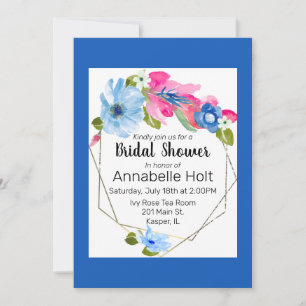 Invitation Cadre doré floral rose chaux bleu clair aquarelle