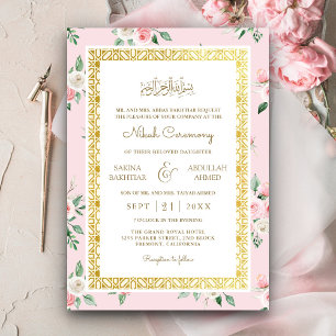 Invitation Cadre doré floral rose saumon pour mariage musulma