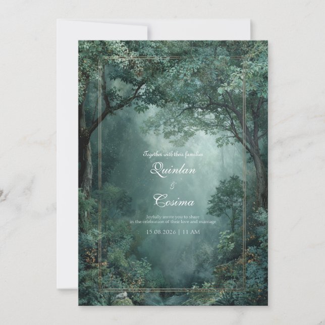 Invitation Cadre doré Forêt émeraude Brumeuse (Devant)