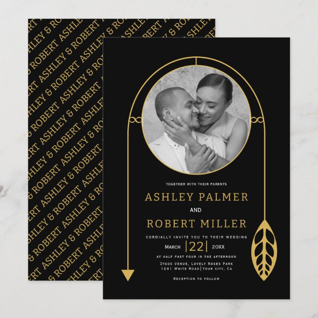 Invitation Cadre doré moderne avec feuille et mariage photo (Devant / Derrière)