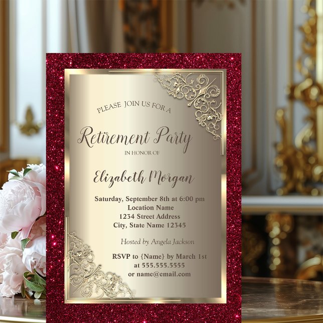 Invitation  Cadre doré,Or,Retraite Paillettes Rouges  (Créateur téléchargé)