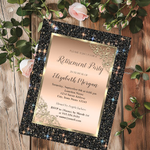 Invitation Cadre doré Paillettes noires Étincelles Retraite