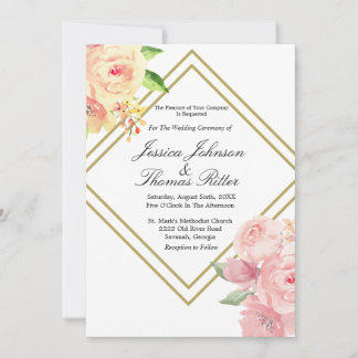 Invitation Cadre Doré Romantique Rose Tendre Fleurs Mariage I