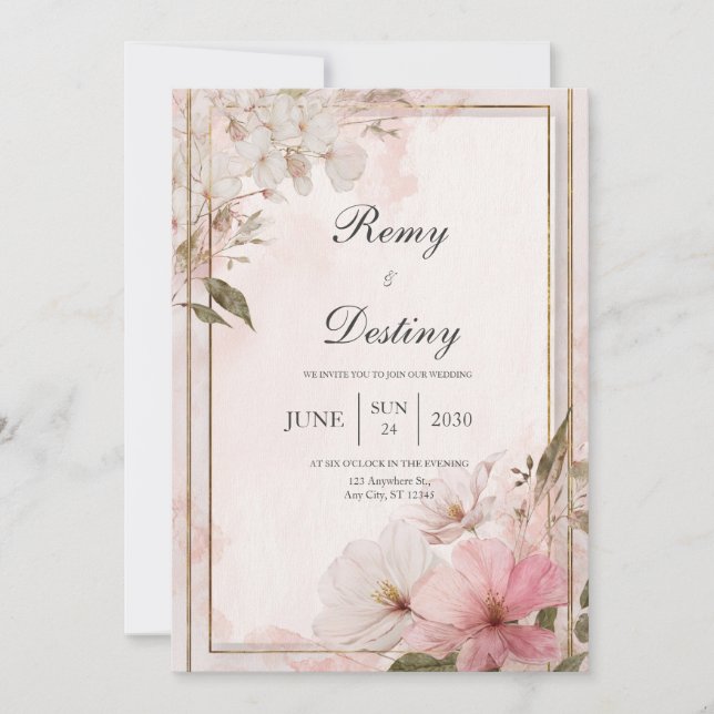Invitation Cadre doré rose fuchsia aquarelle florale mariage (Devant)