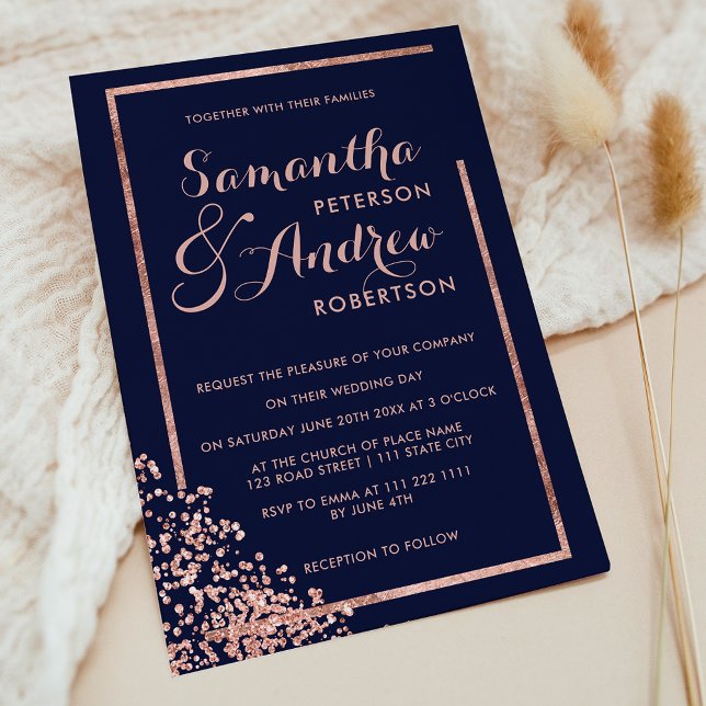 Invitation Cadre doré rose moderne marine confetti mariage (Modern rose gold frame navy confetti wedding invitation)