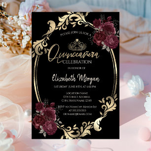 Invitation Cadre doré Roses bordeaux Fille de 15 ans