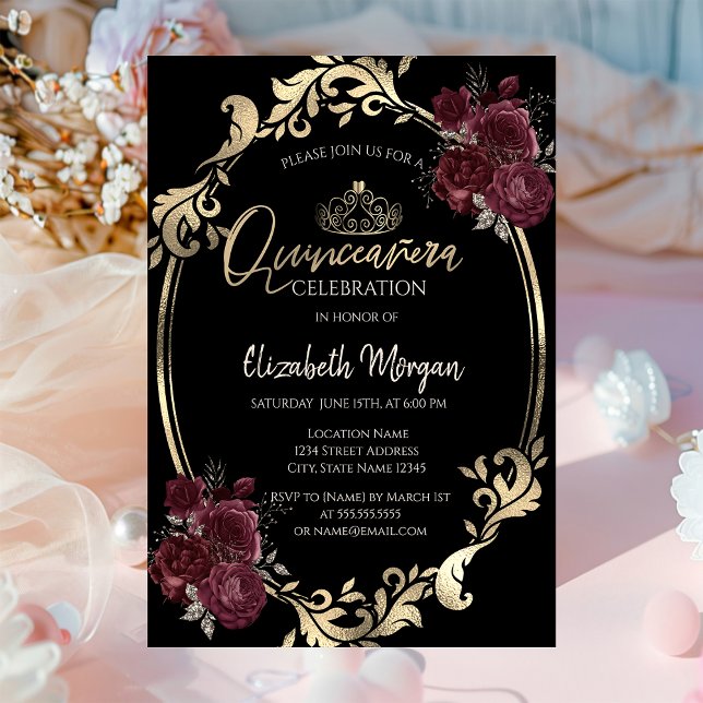 Invitation Cadre doré Roses bordeaux Fille de 15 ans  (Créateur téléchargé)