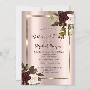 Invitation Cadre doré, Roses bordeaux, Retraite en or rose