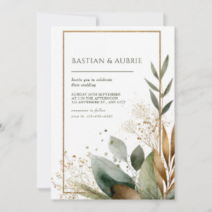 Invitation Cadre doré rustique, végétation aquarelle de maria