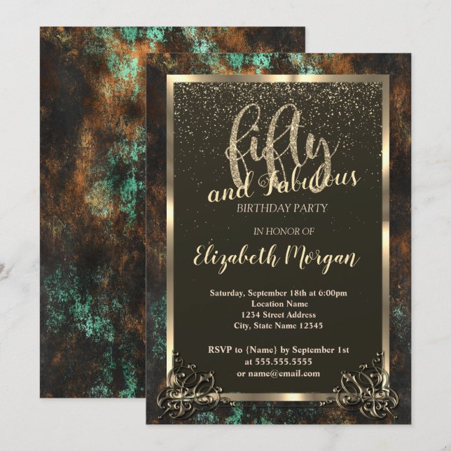 Invitation Cadre doré Teal Cooper Patina 50th  (Devant / Derrière)