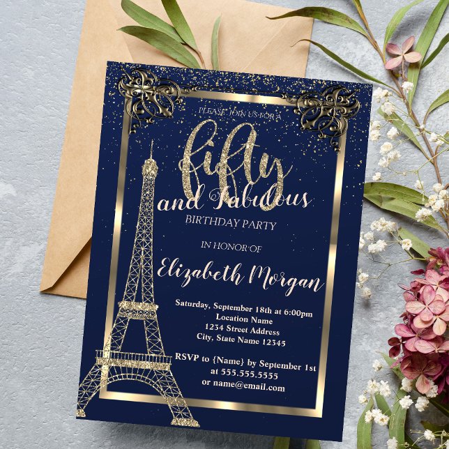 Invitation Cadre doré, Tour Eiffel Bleu Fête d'anniversaire 5 (Créateur téléchargé)
