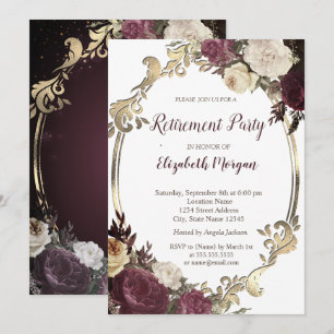 Invitation Cadre doré tourbillonnant, fleurs bordeaux pour la