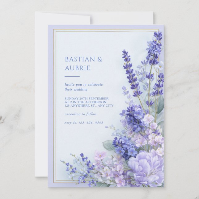 Invitation Cadre double mariage lavande Pervenche Or (Devant)
