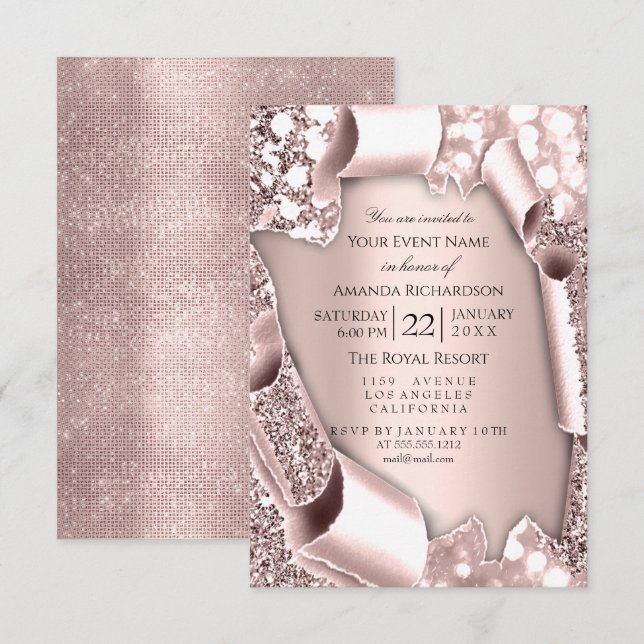 Invitation Cadre effet pailleté 3D Rose rose mariage  (Devant / Derrière)