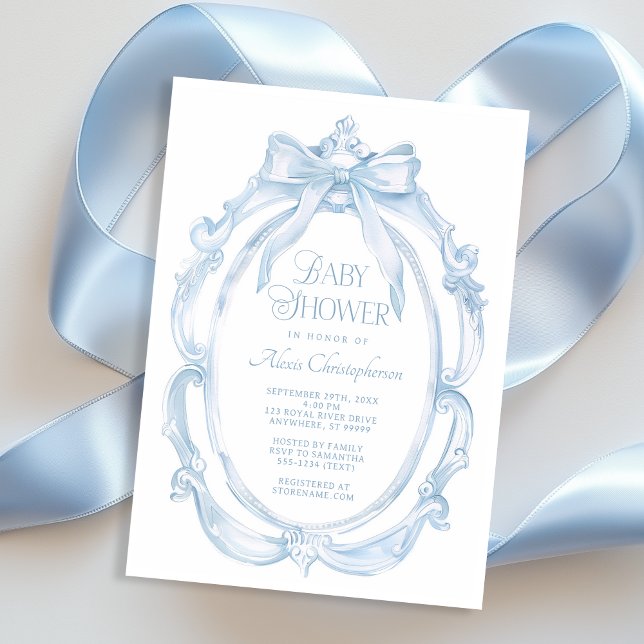 Invitation Cadre élégant + Baby shower Bleu Bow (Shown on a 5" x 7" card)