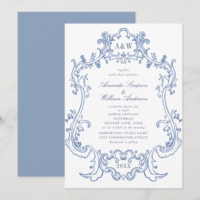 Invitation Cadre élégant baroque poussiéreux bleu orné Mariag (Devant / Derrière)