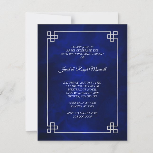 Invitation Cadre élégant bleu argent 25e anniversaire de mari (Devant)
