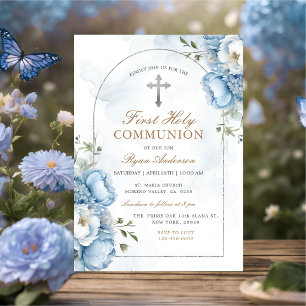 Invitation Cadre élégant bleu floral première sainte communio