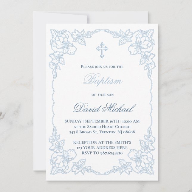 Invitation cadre élégant bleu pastel Baptême (Devant)