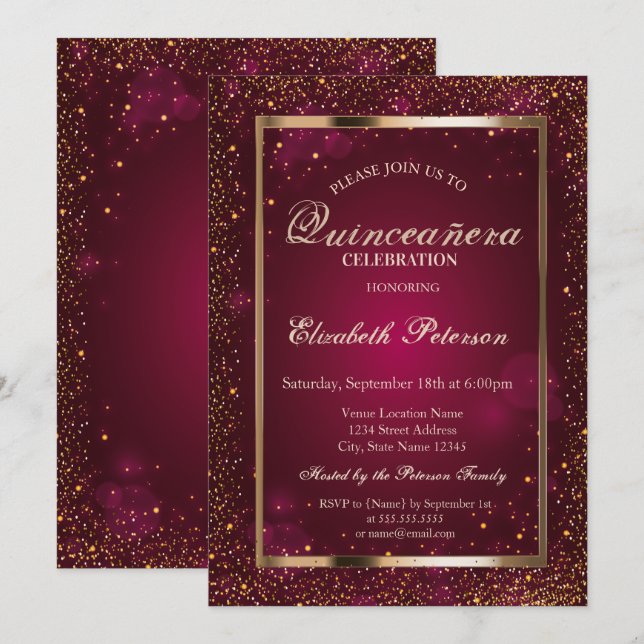 Invitation Cadre Élégant Chic Confettis Quinceañera (Devant / Derrière)
