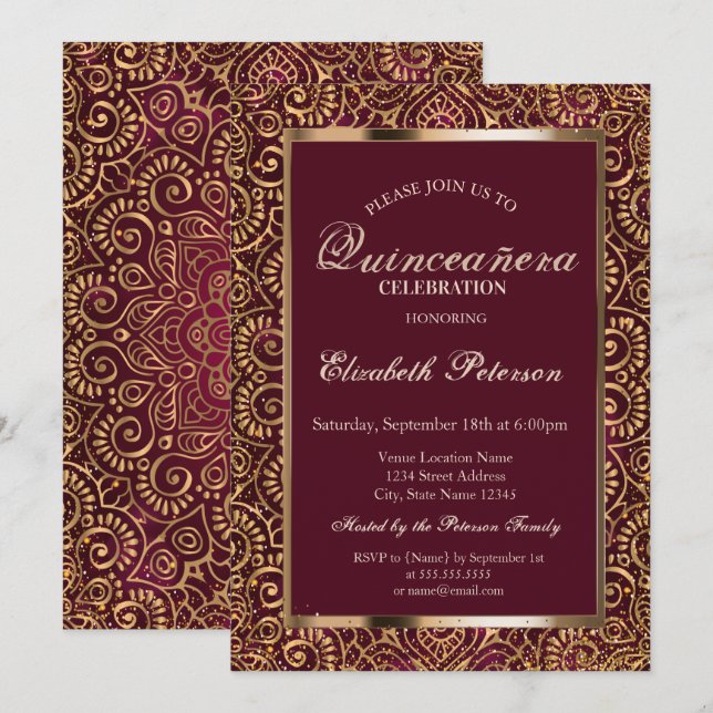 Invitation Cadre élégant Confetti Gold Mandala Quinceañera (Devant / Derrière)