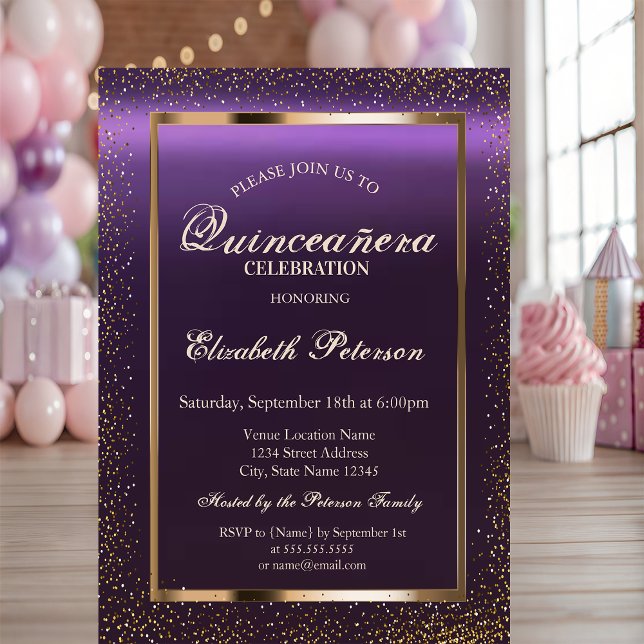 Invitation Cadre élégant Confetti violet Quinceañera (Créateur téléchargé)