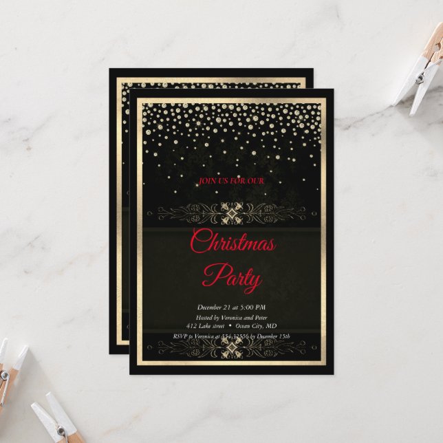 Invitation Cadre élégant de diamants noirs de Noël (Devant/Arrière en situation)