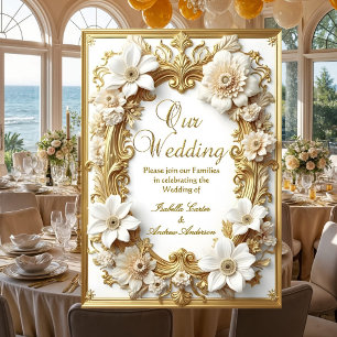 Invitation Cadre élégant de fleurs de mariage or blanc