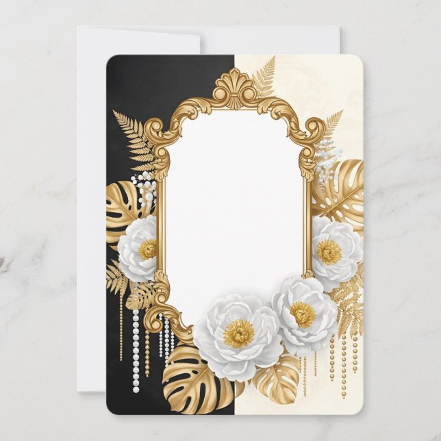 Invitation Cadre élégant doré baroque avec fleurs blanches &  (Devant)