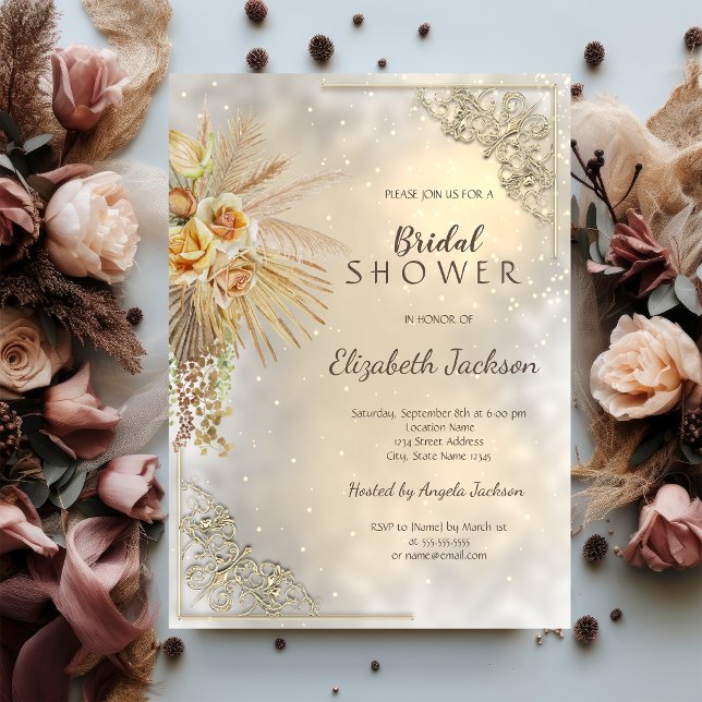 Invitation Cadre élégant doré Fleurs bohèmes Réception de mar (Créateur téléchargé)