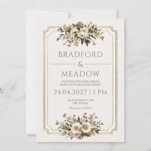 Invitation Cadre élégant doré Fleurs ivoire Mariage rustique