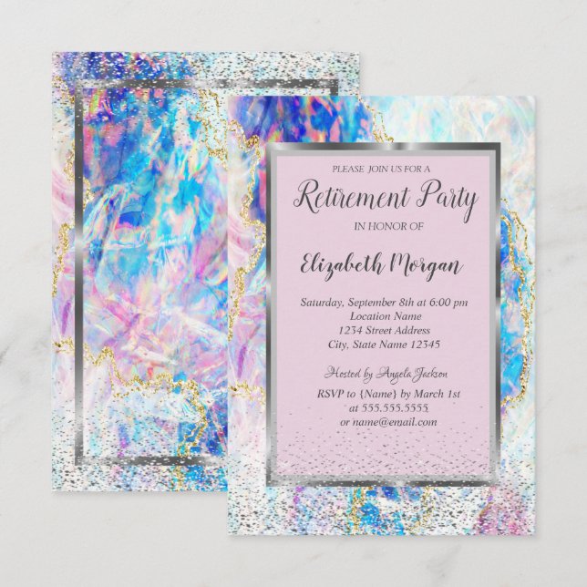 Invitation Cadre élégant en argent Confettis Opale Retraite  (Devant / Derrière)