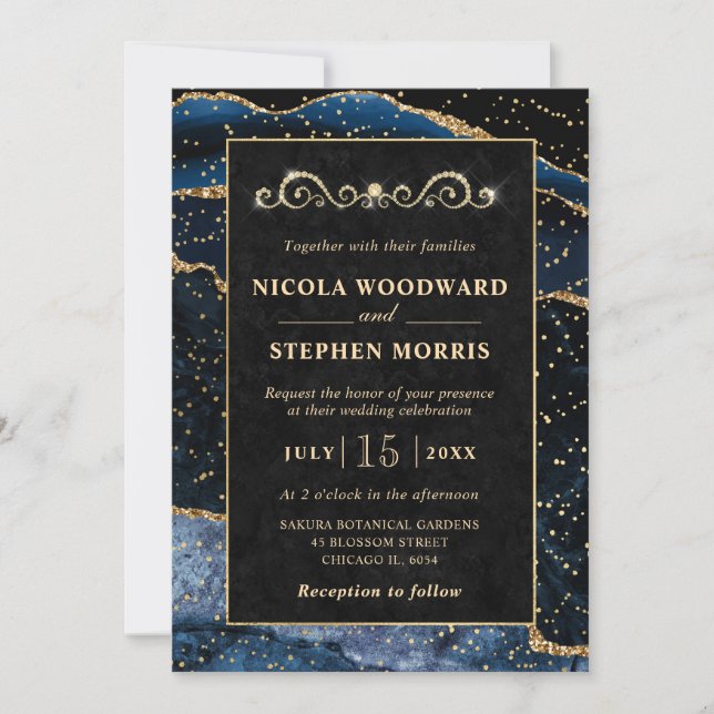 Invitation Cadre élégant en or agate bleue de mariage (Devant)