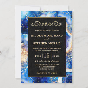 Invitation Cadre élégant en or agate céleste bleue pour maria