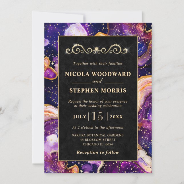 Invitation Cadre élégant en or agate céleste violet mariage (Devant)