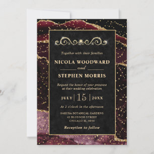 Invitation Cadre élégant en or agate rouge bordeaux mariage