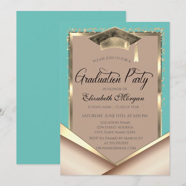 Invitation Cadre élégant en or avec sequins vert menthe pour  (Devant / Derrière)