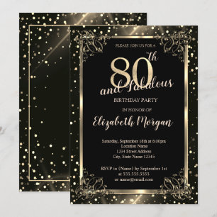 Invitation Cadre élégant en or, fête d'anniversaire de 80 ans