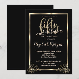 Invitation Cadre élégant en or, fête d'anniversaire noire de