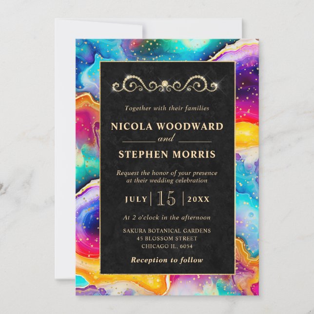 Invitation Cadre élégant en or Mariage Agate arc-en-ciel (Devant)