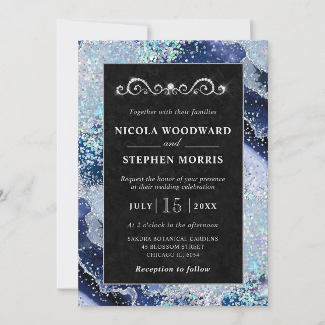 Invitation Cadre Élégant Mariage Agate Bleu et Argent (Devant)