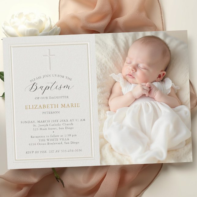 Invitation Cadre Élégant Moderne Classique Croix Crème Baptêm (baptism invitation party card classic elegant double frame holy cross christening blessing photo)