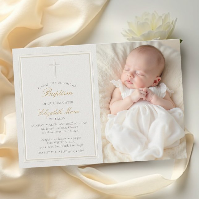 Invitation Cadre élégant moderne classique croix photo baptêm (baptism invitation party card classic elegant double frame holy cross christening blessing photo )