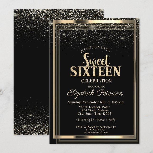 Invitation Cadre élégant moderne or confettis pour Sweet 16 (Devant / Derrière)